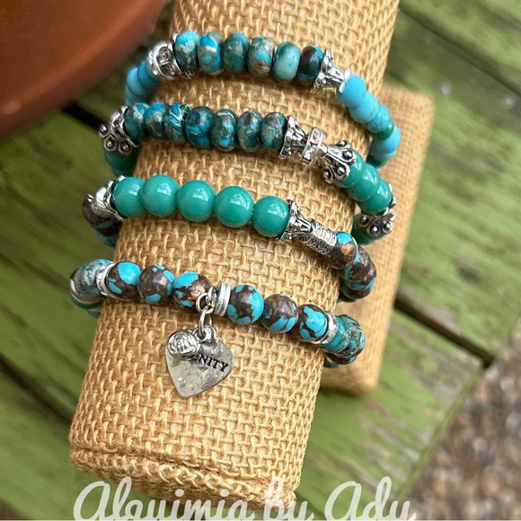 turquoise/ocean jasper silver beaded bracelet/rustic/Western/rodeo/colorful - Picture 2 of 7
